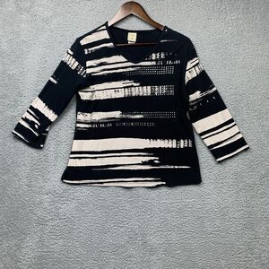 Jess & Jane Shirt Womens L Black White Scroll Pen Artsy Bling Studded USA